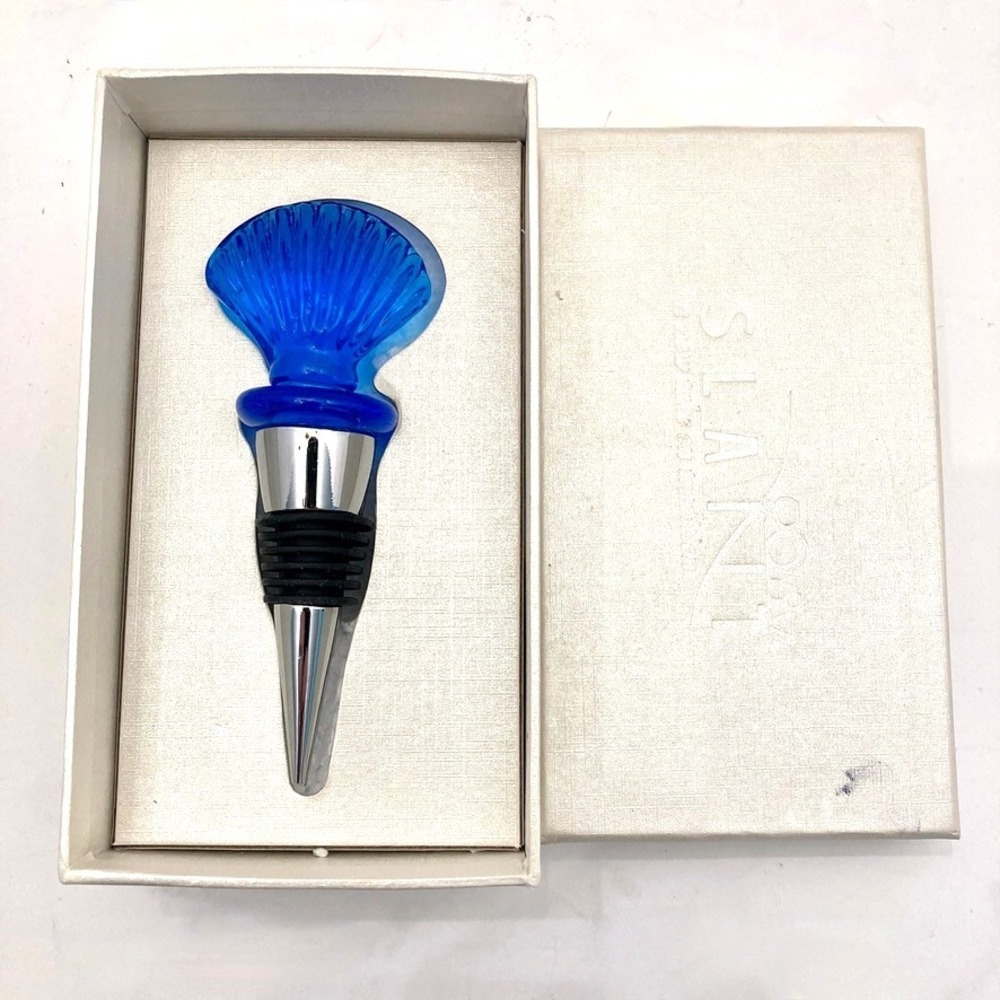 Slant‎ Blue Hand Blown Glass Shell Bottle Wine Bottle Stopper Boxed